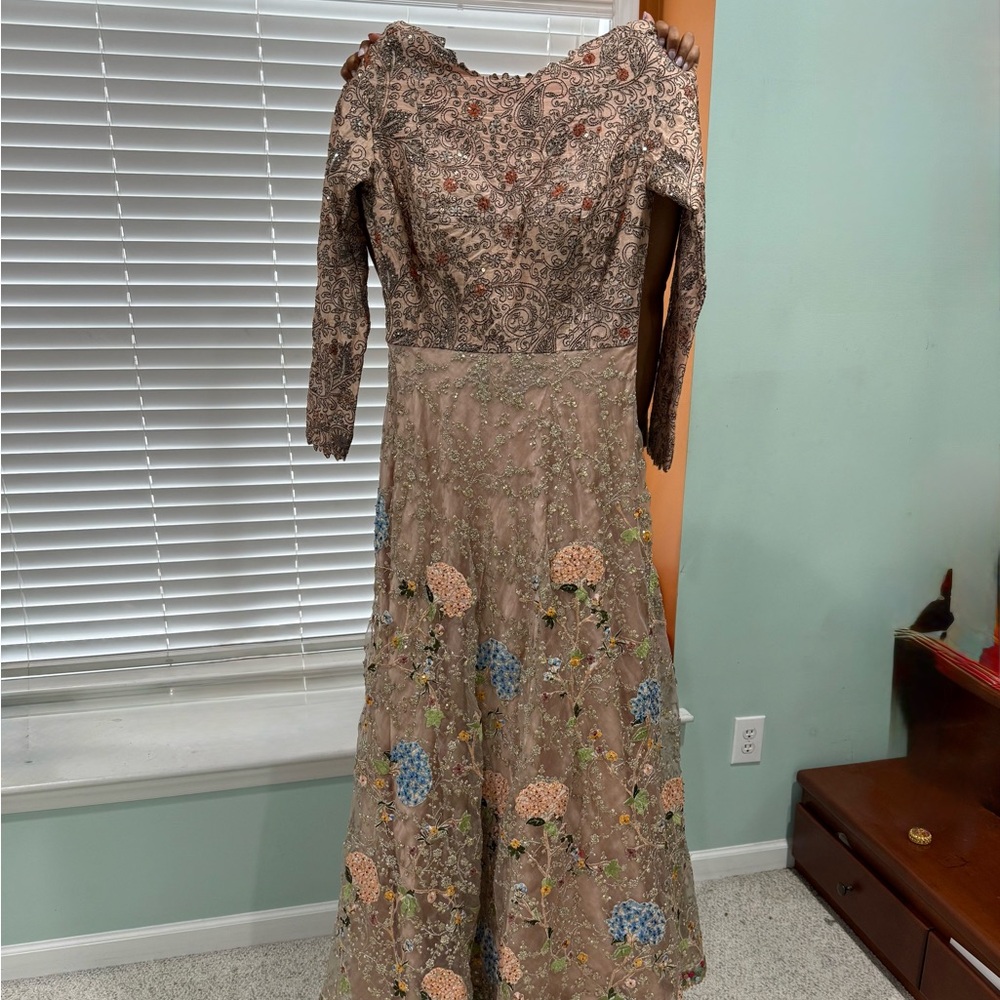 Ethnic Indian Wear Brown and Blue Embroidered Long Sleeve Dress